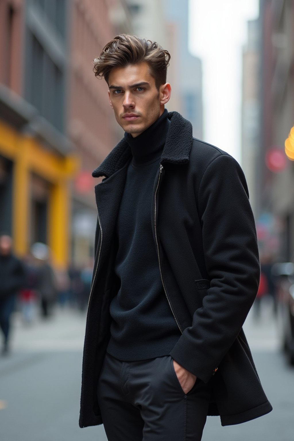 man in  modern, fashionable attire against an edgy urban backdrop