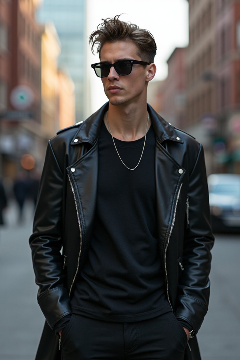 man in  modern, fashionable attire against an edgy urban backdrop