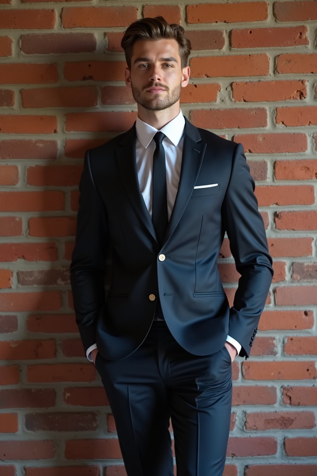 (full-body shot) of man in  sharp, tailored suit against a classic brick wall background