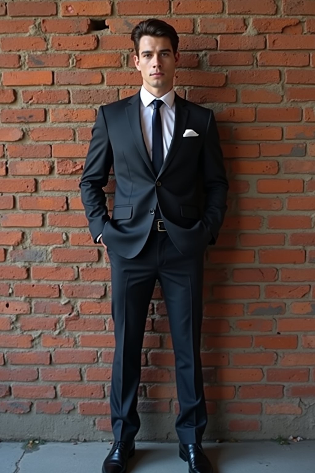 (full-body shot) of man in  sharp, tailored suit against a classic brick wall background