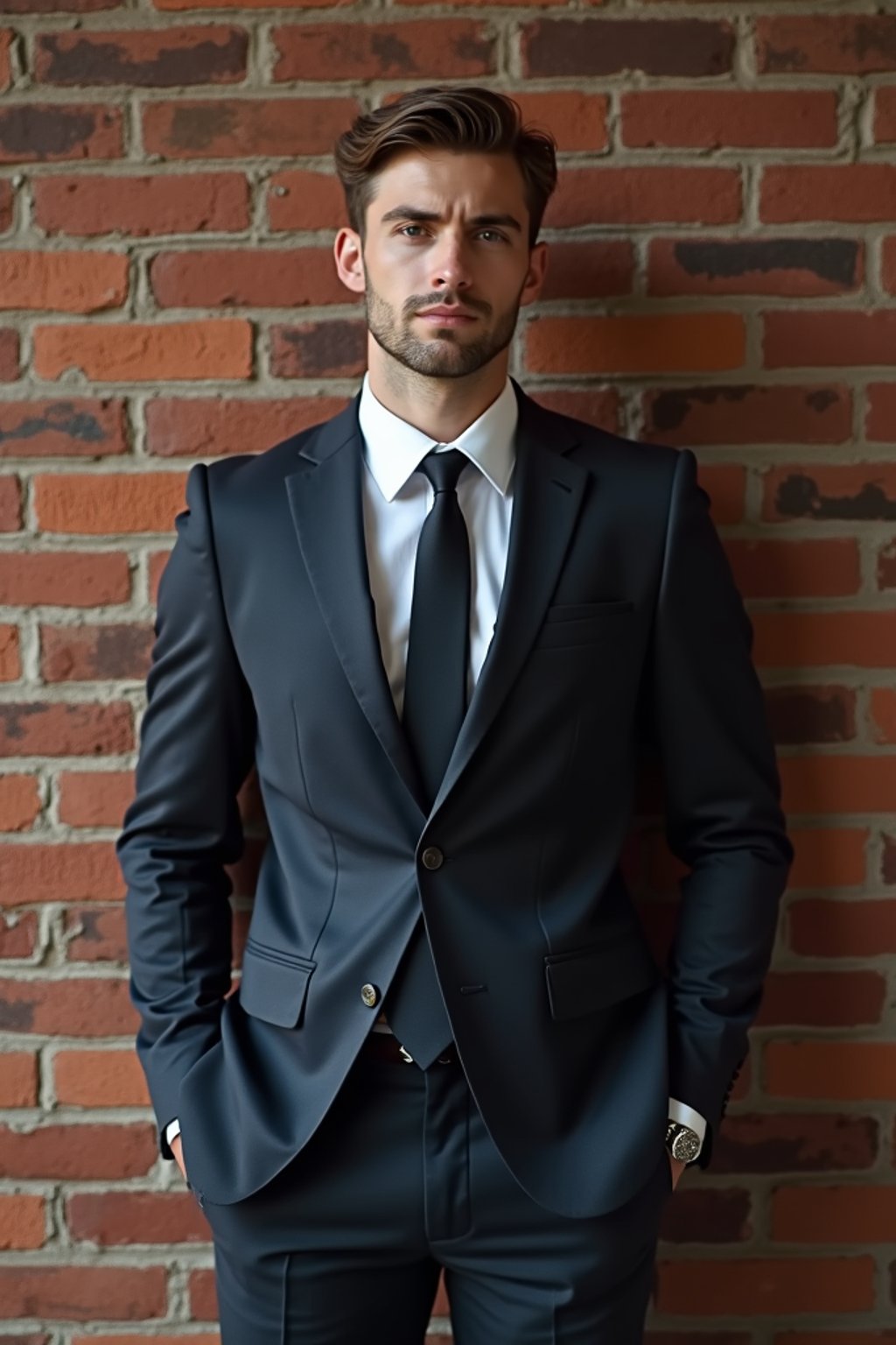 (full-body shot) of man in  sharp, tailored suit against a classic brick wall background