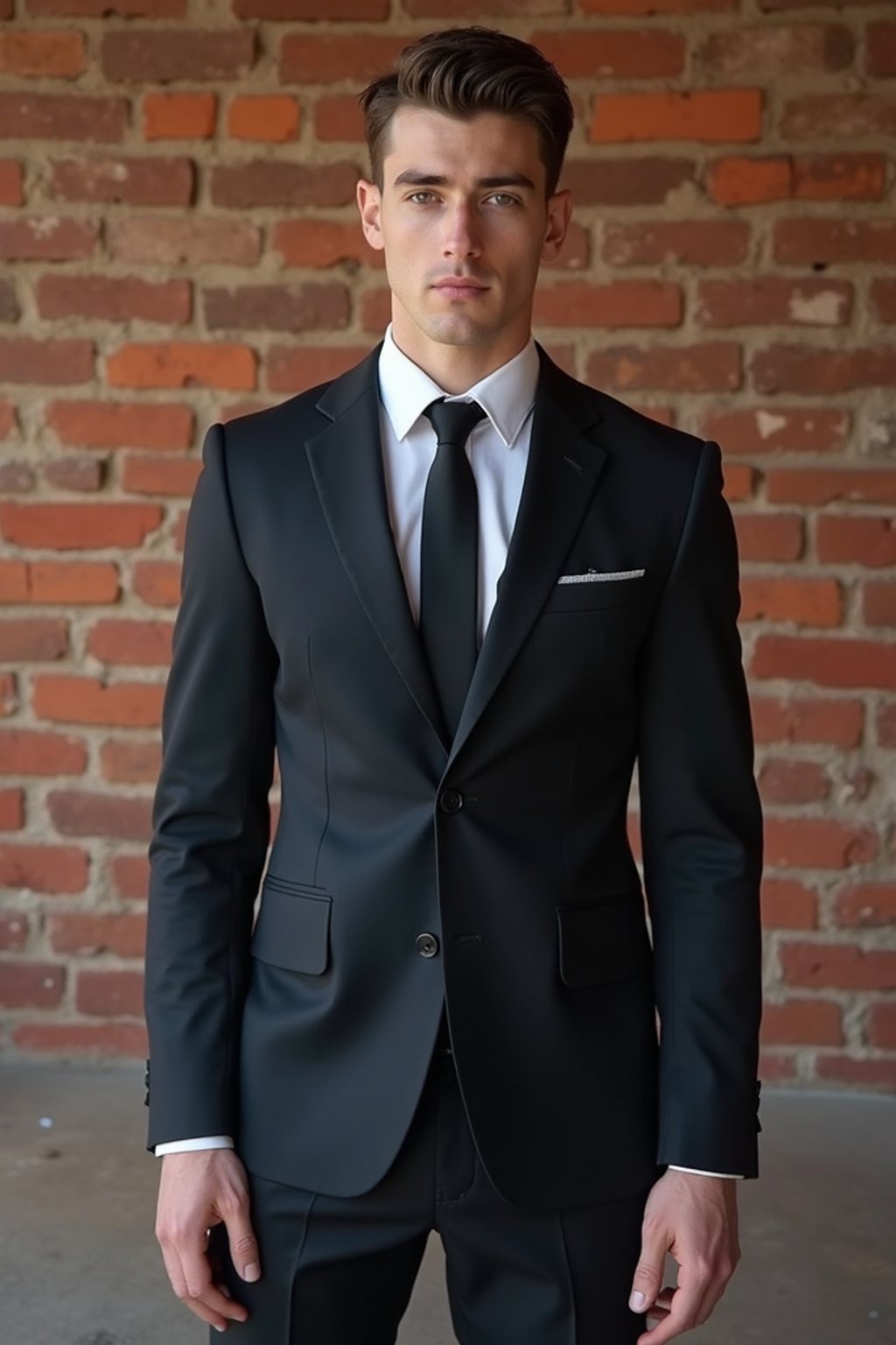 (full-body shot) of man in  sharp, tailored suit against a classic brick wall background