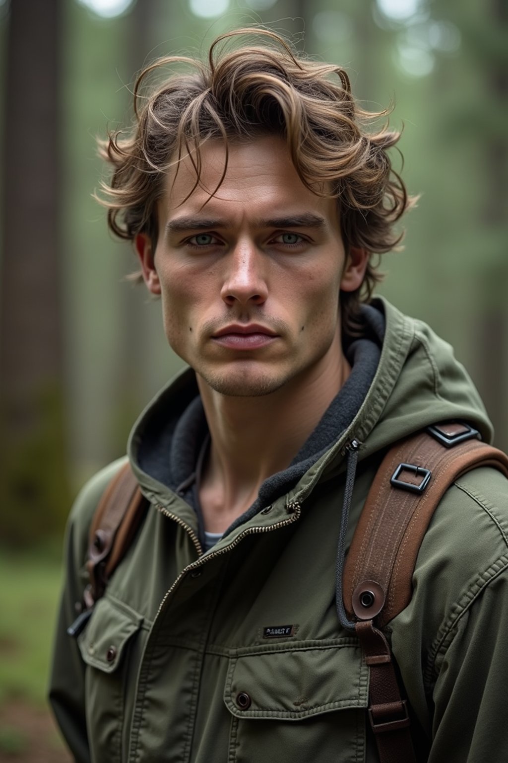 man with enticing allure in  rugged outdoor outfit in a serene forest setting