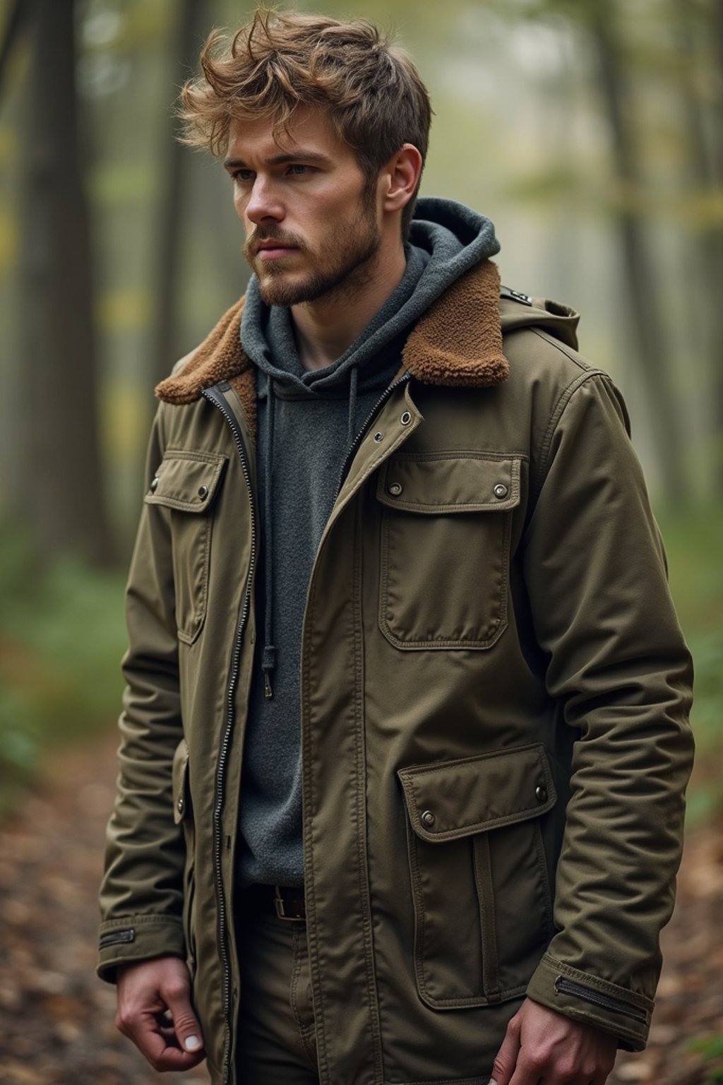 man with enticing allure in  rugged outdoor outfit in a serene forest setting