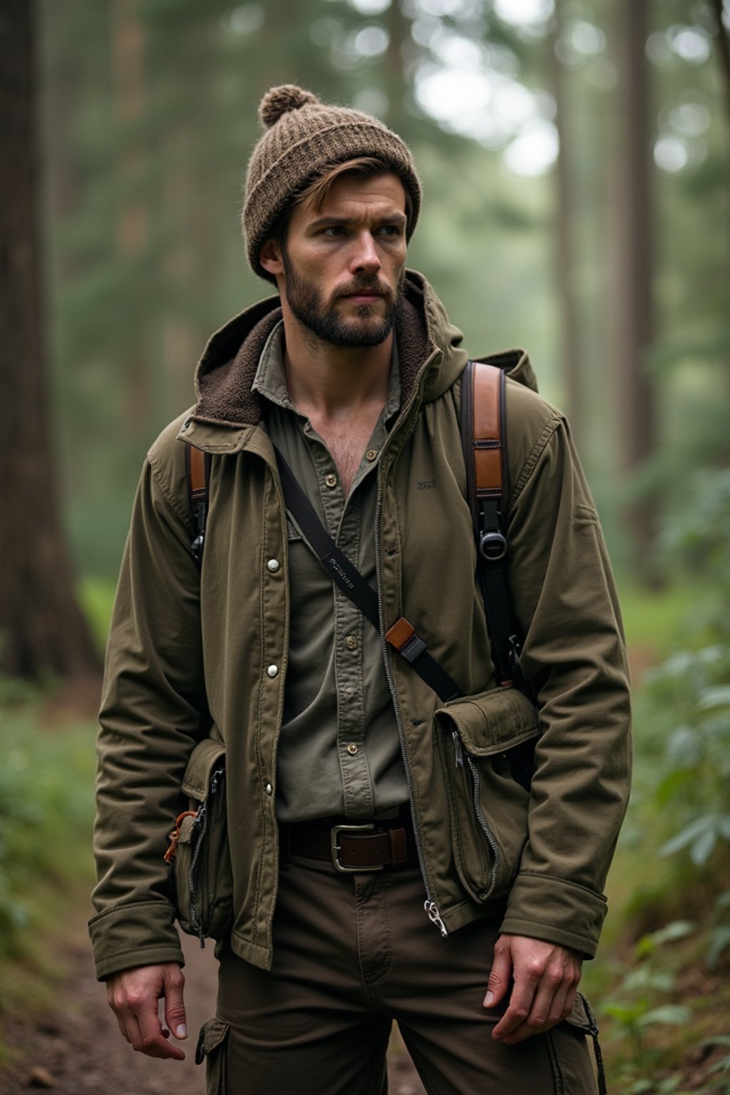 man with enticing allure in  rugged outdoor outfit in a serene forest setting