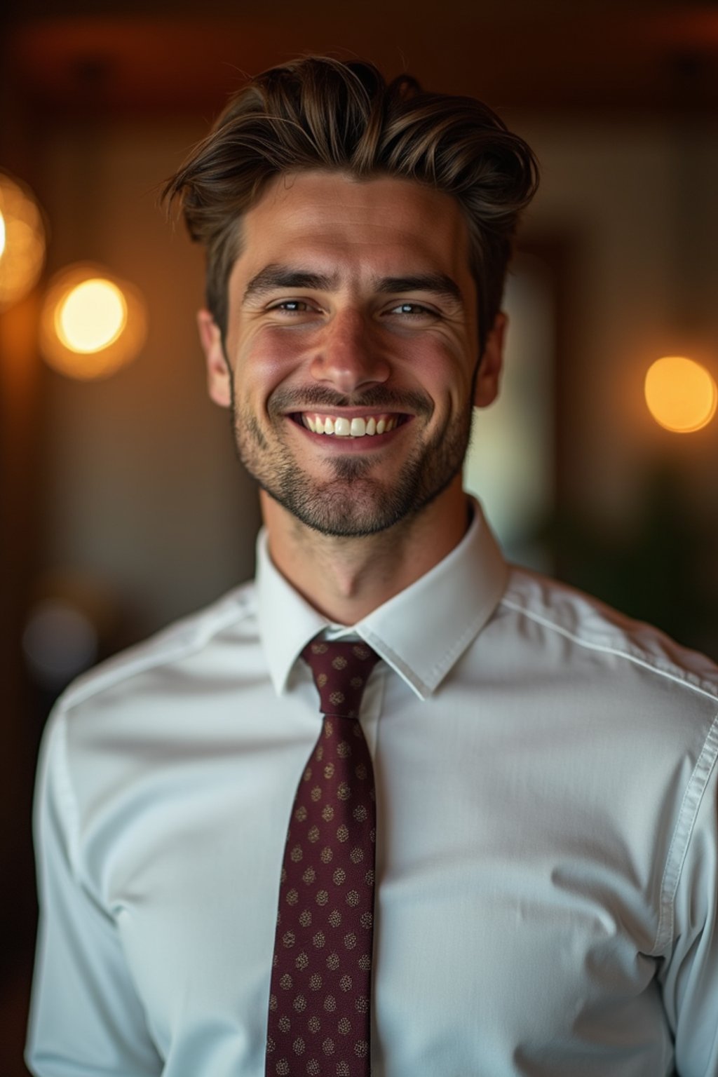 man with a seductive smile, donned in a  classy tie, under warm indoor lighting