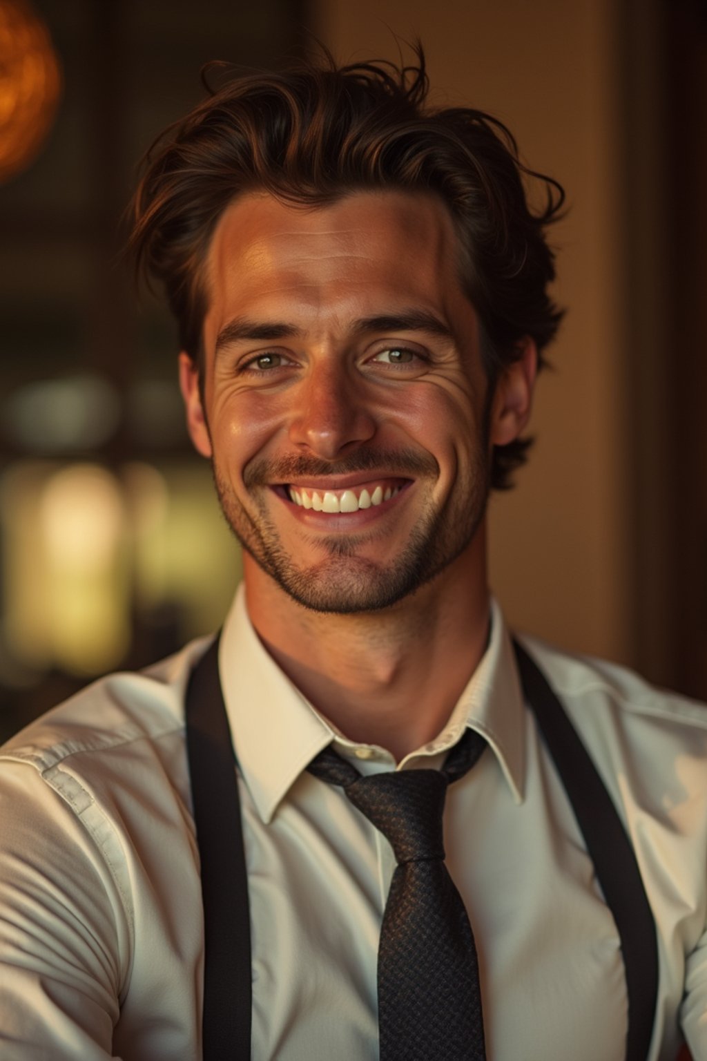 man with a seductive smile, donned in a  classy tie, under warm indoor lighting