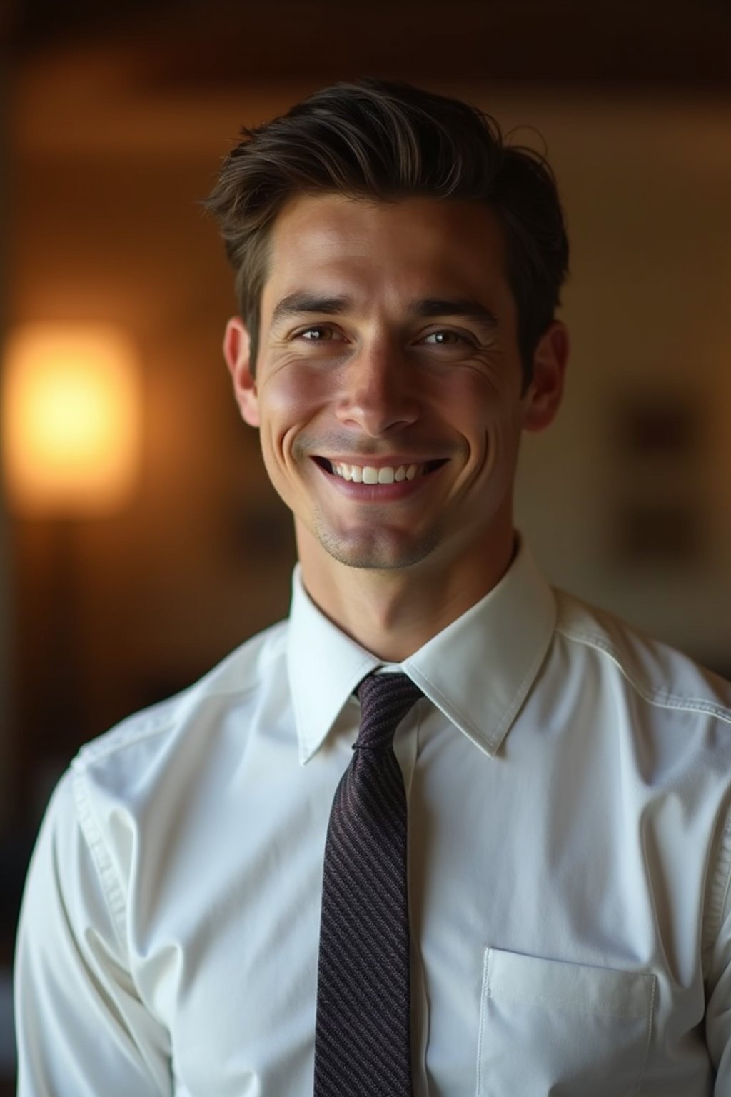 man with a seductive smile, donned in a  classy tie, under warm indoor lighting