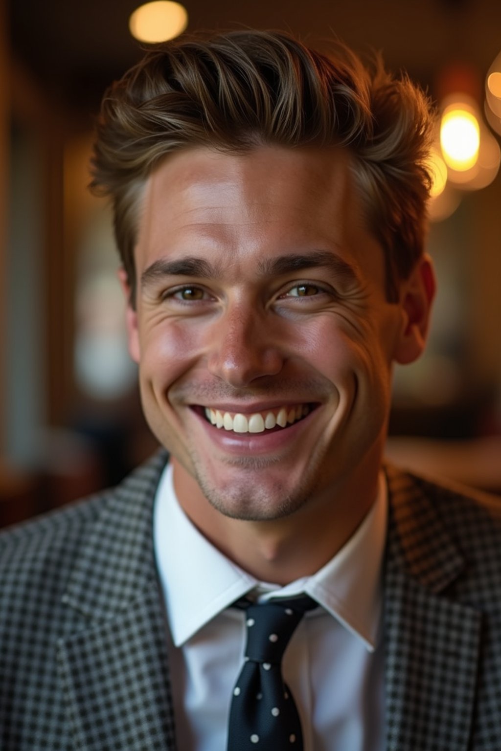 man with a seductive smile, donned in a  classy tie, under warm indoor lighting