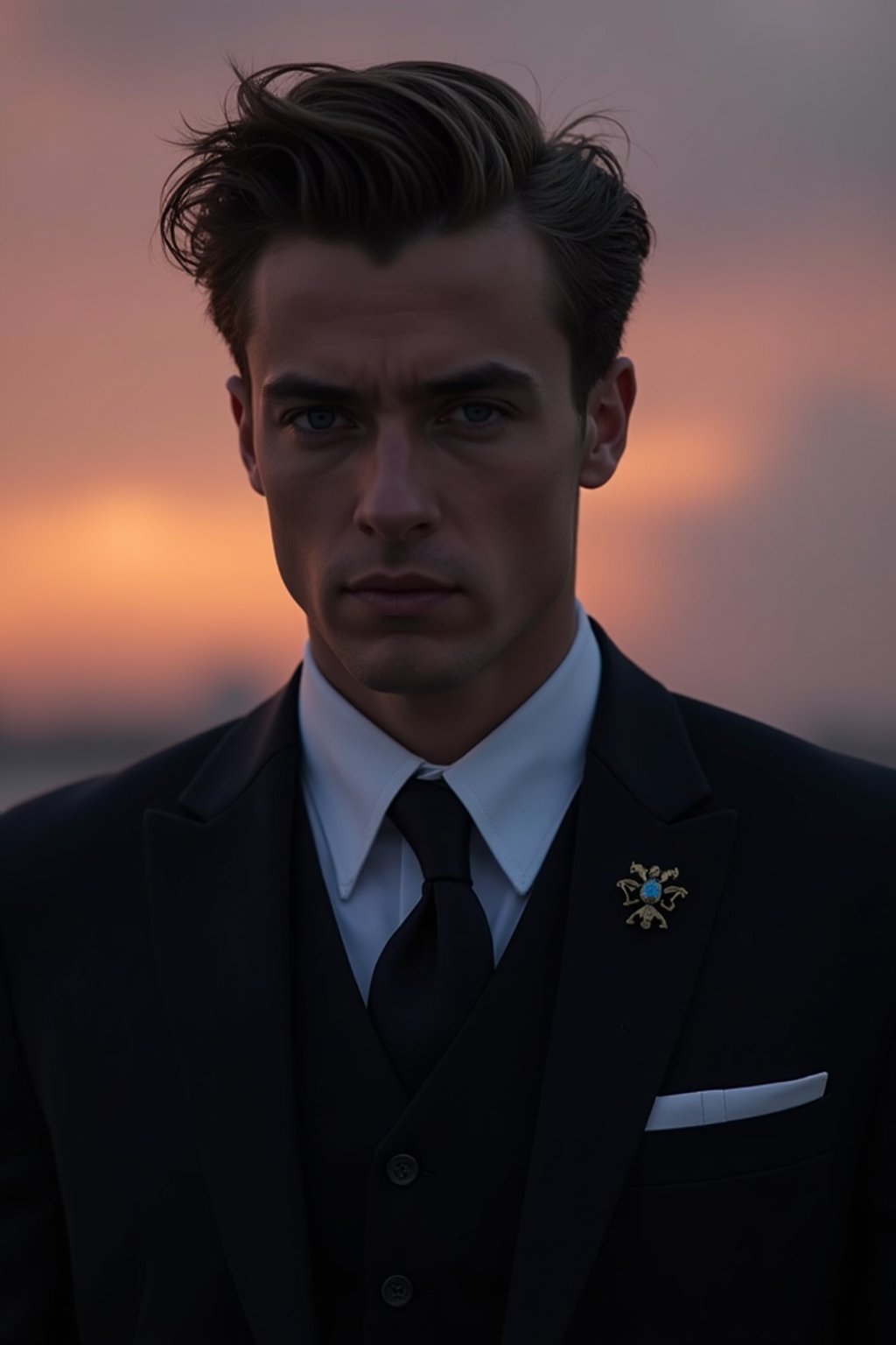 man with enticing gaze, adorned with  sharp, stylish suit against a twilight backdrop