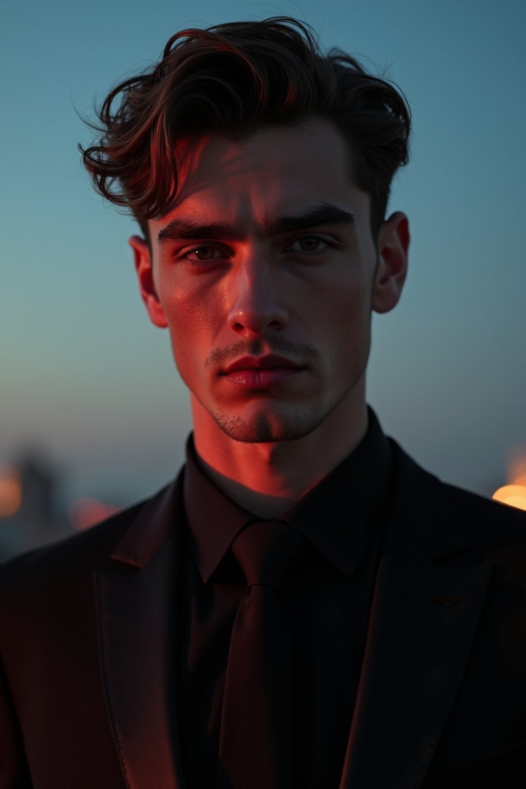 man with enticing gaze, adorned with  sharp, stylish suit against a twilight backdrop