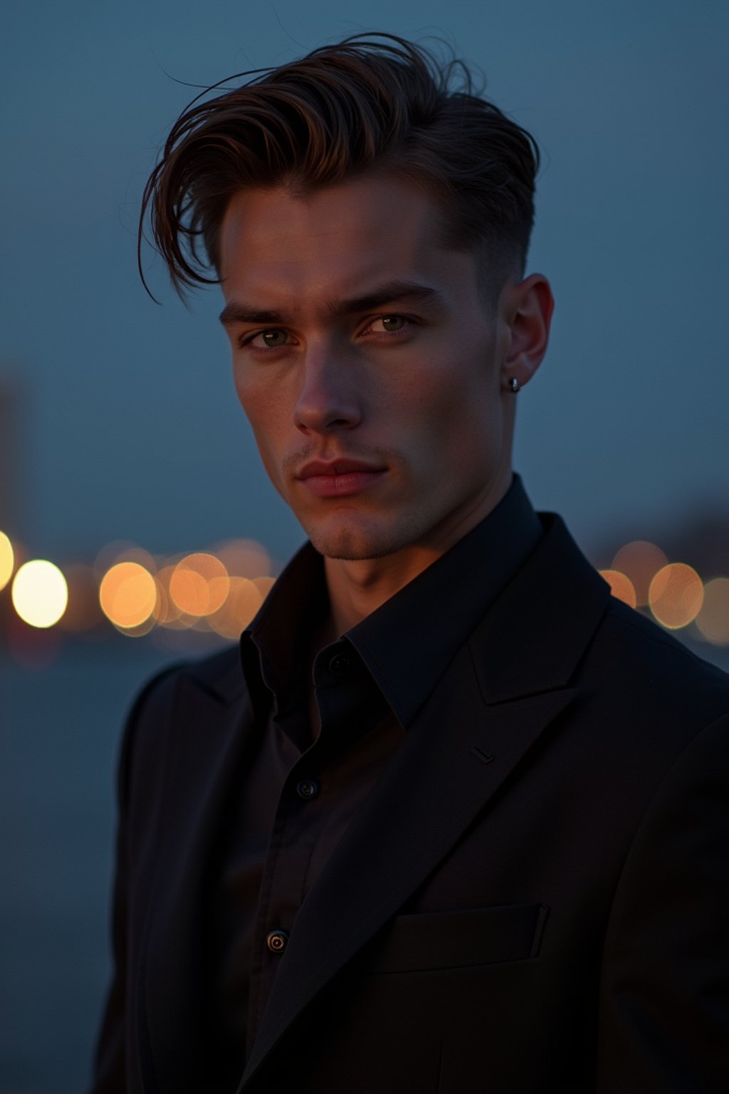 man with enticing gaze, adorned with  sharp, stylish suit against a twilight backdrop