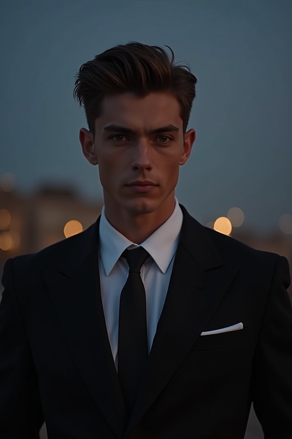 man with enticing gaze, adorned with  sharp, stylish suit against a twilight backdrop