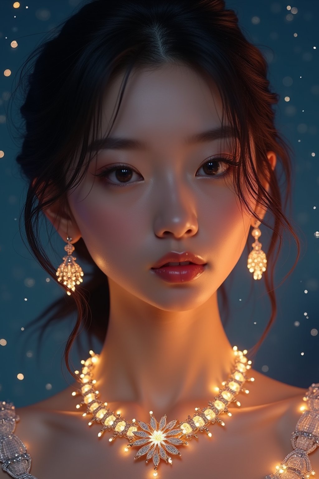 woman with magnetic appeal, adorned in sparkling jewelry , against a starry night backdrop