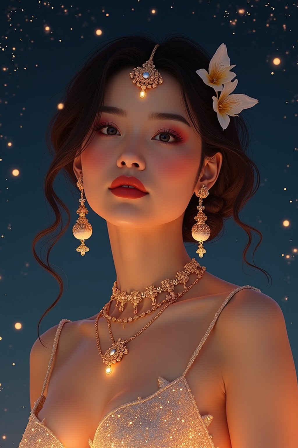 woman with magnetic appeal, adorned in sparkling jewelry , against a starry night backdrop