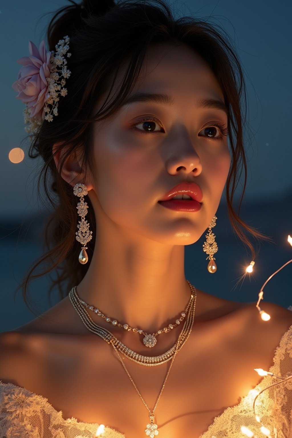 woman with magnetic appeal, adorned in sparkling jewelry , against a starry night backdrop