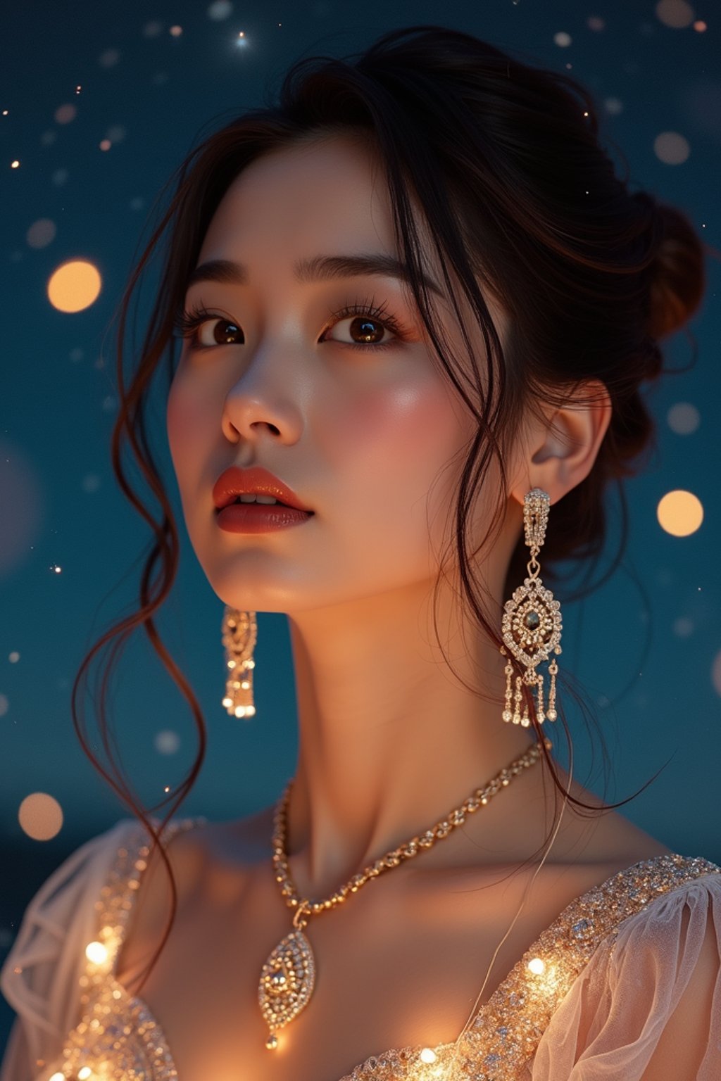 woman with magnetic appeal, adorned in sparkling jewelry , against a starry night backdrop