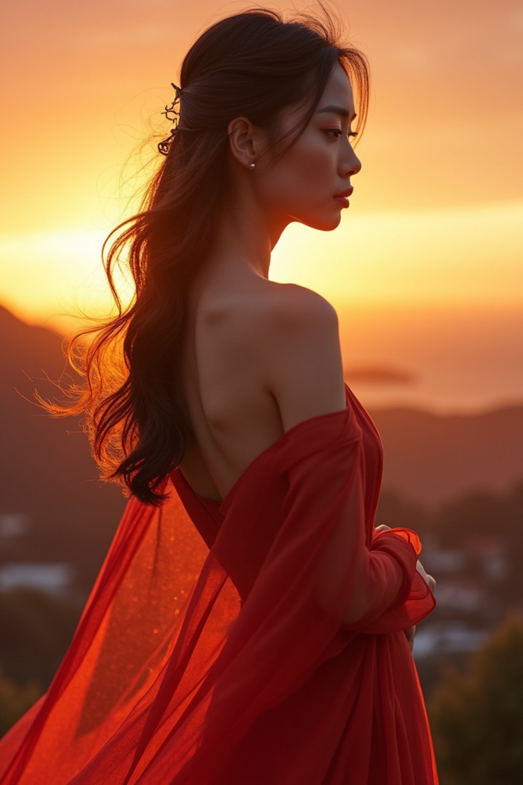 woman in sophisticated evening wear , radiating allure under the soft glow of a sunset