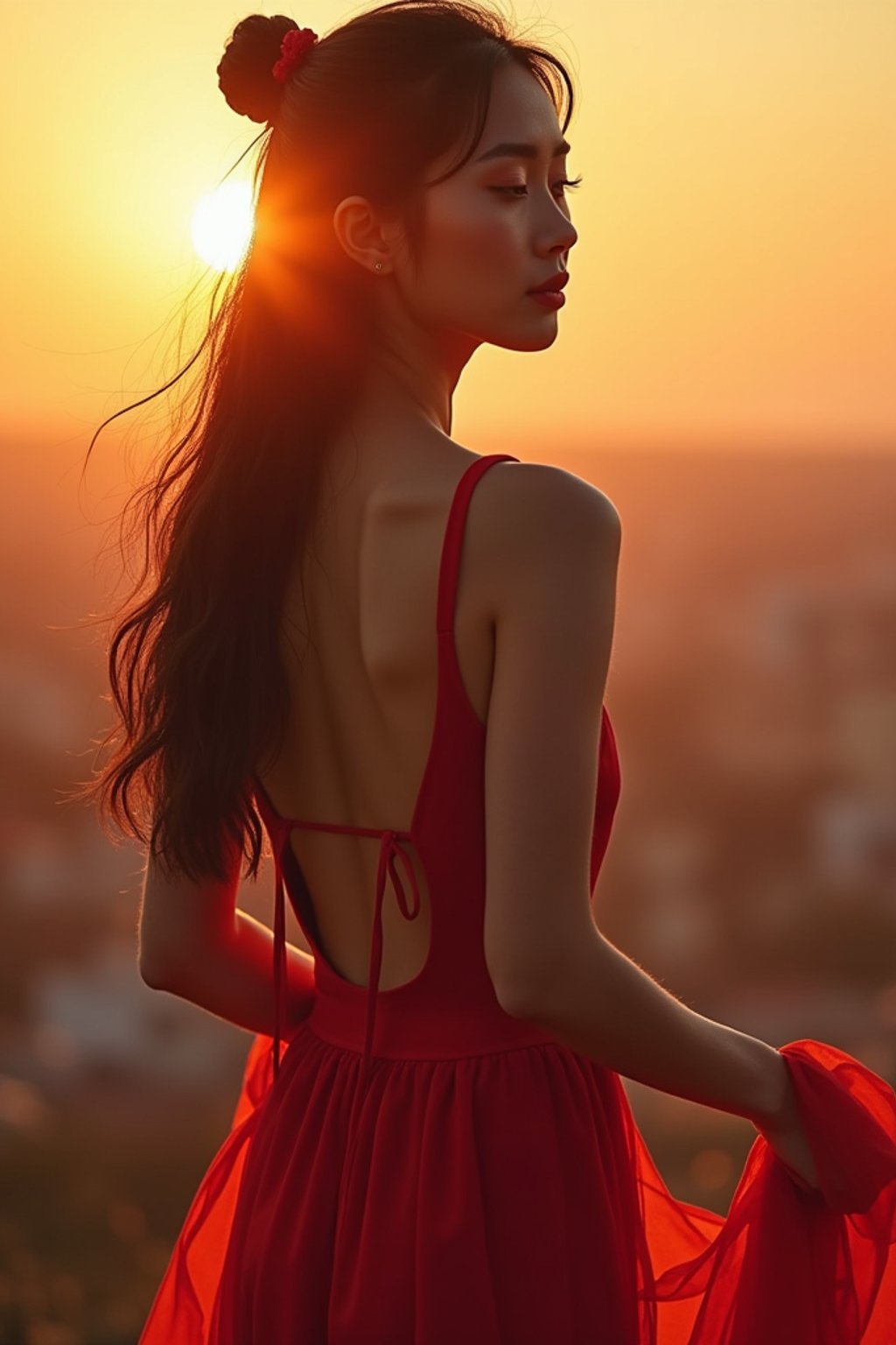 woman in sophisticated evening wear , radiating allure under the soft glow of a sunset