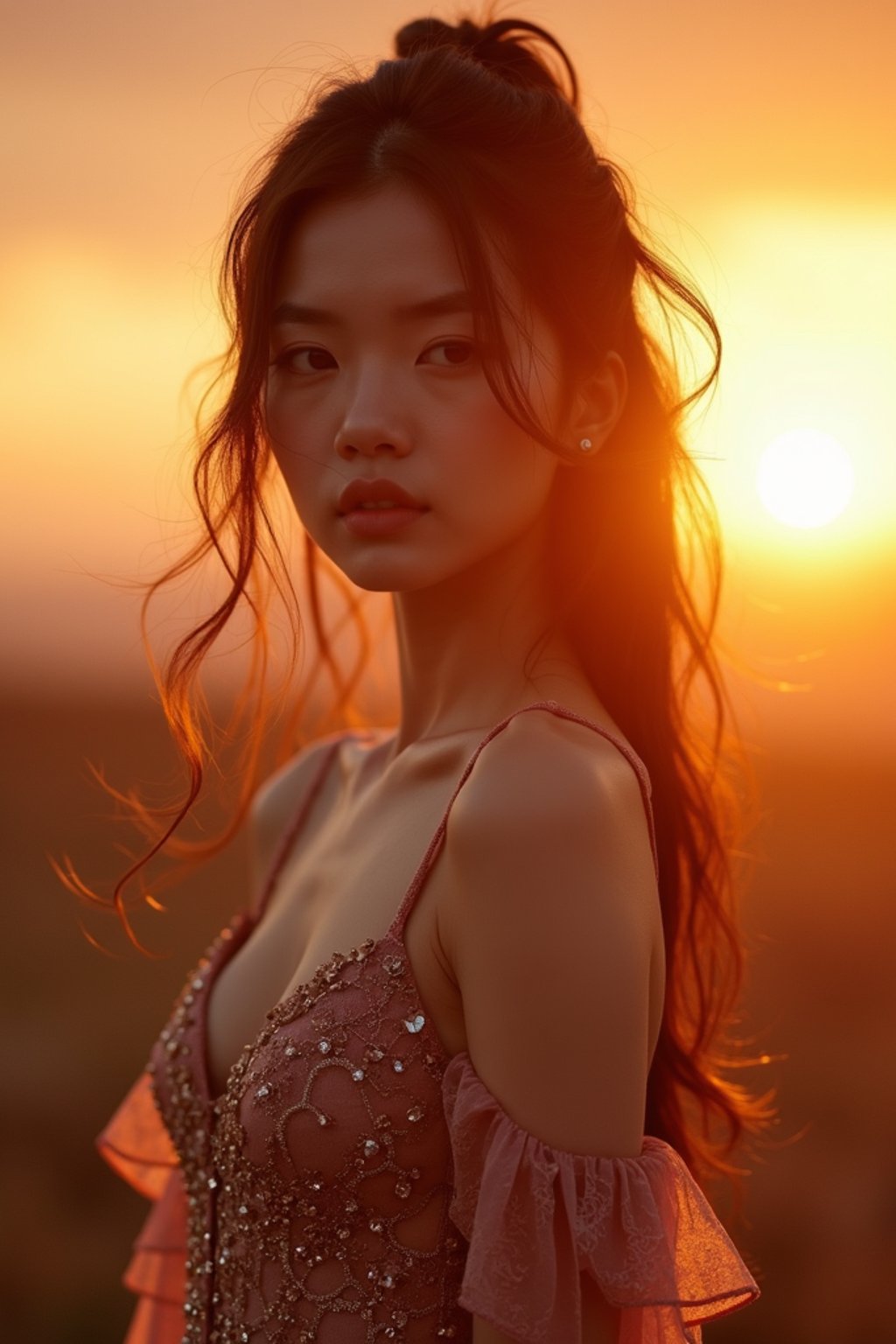 woman in sophisticated evening wear , radiating allure under the soft glow of a sunset