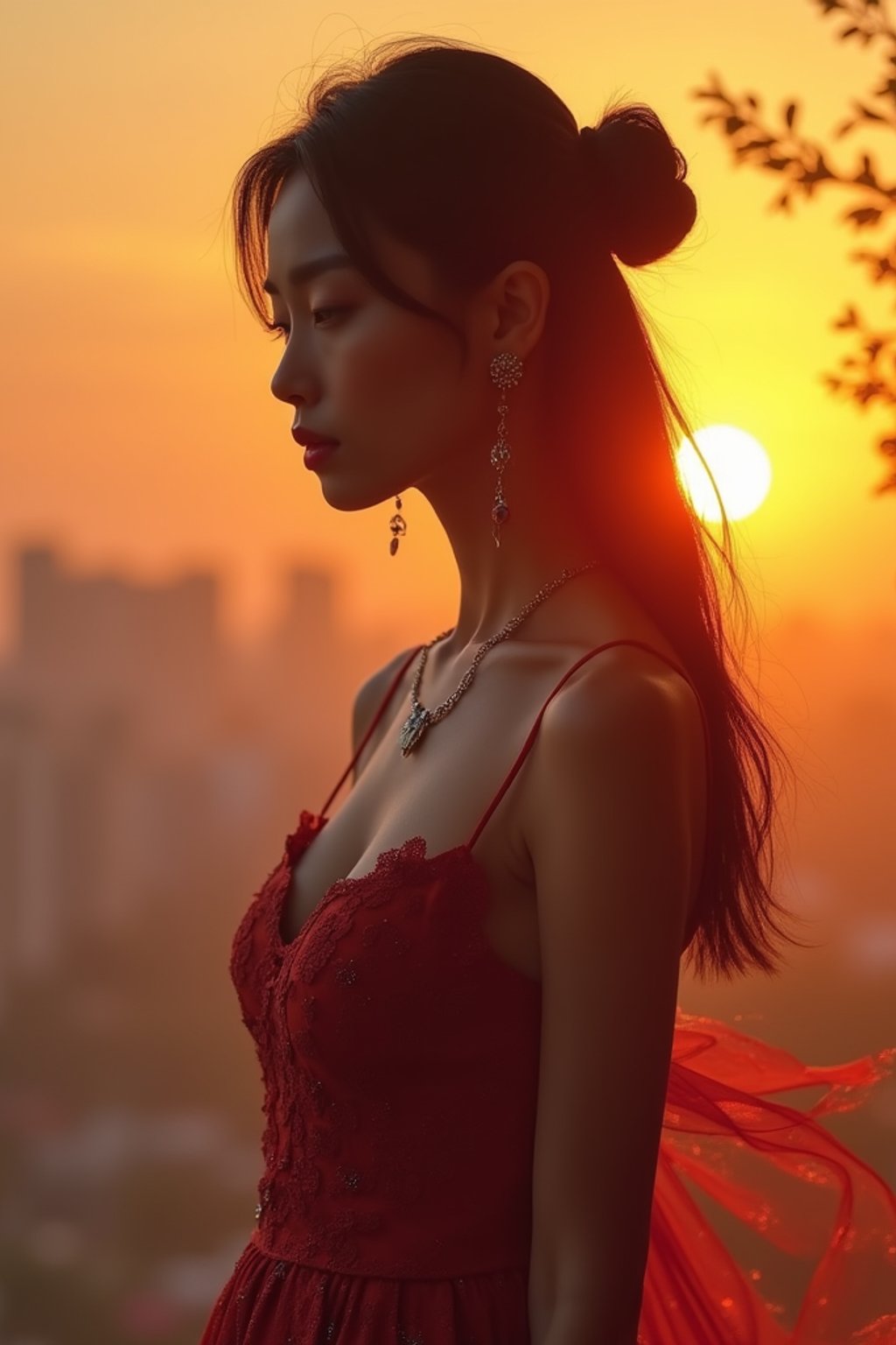 woman in sophisticated evening wear , radiating allure under the soft glow of a sunset