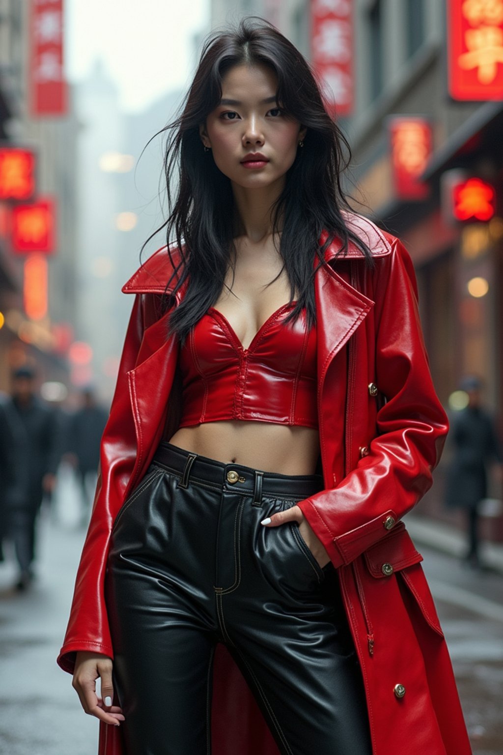 woman in daring, edgy ensemble  against an edgy urban backdrop