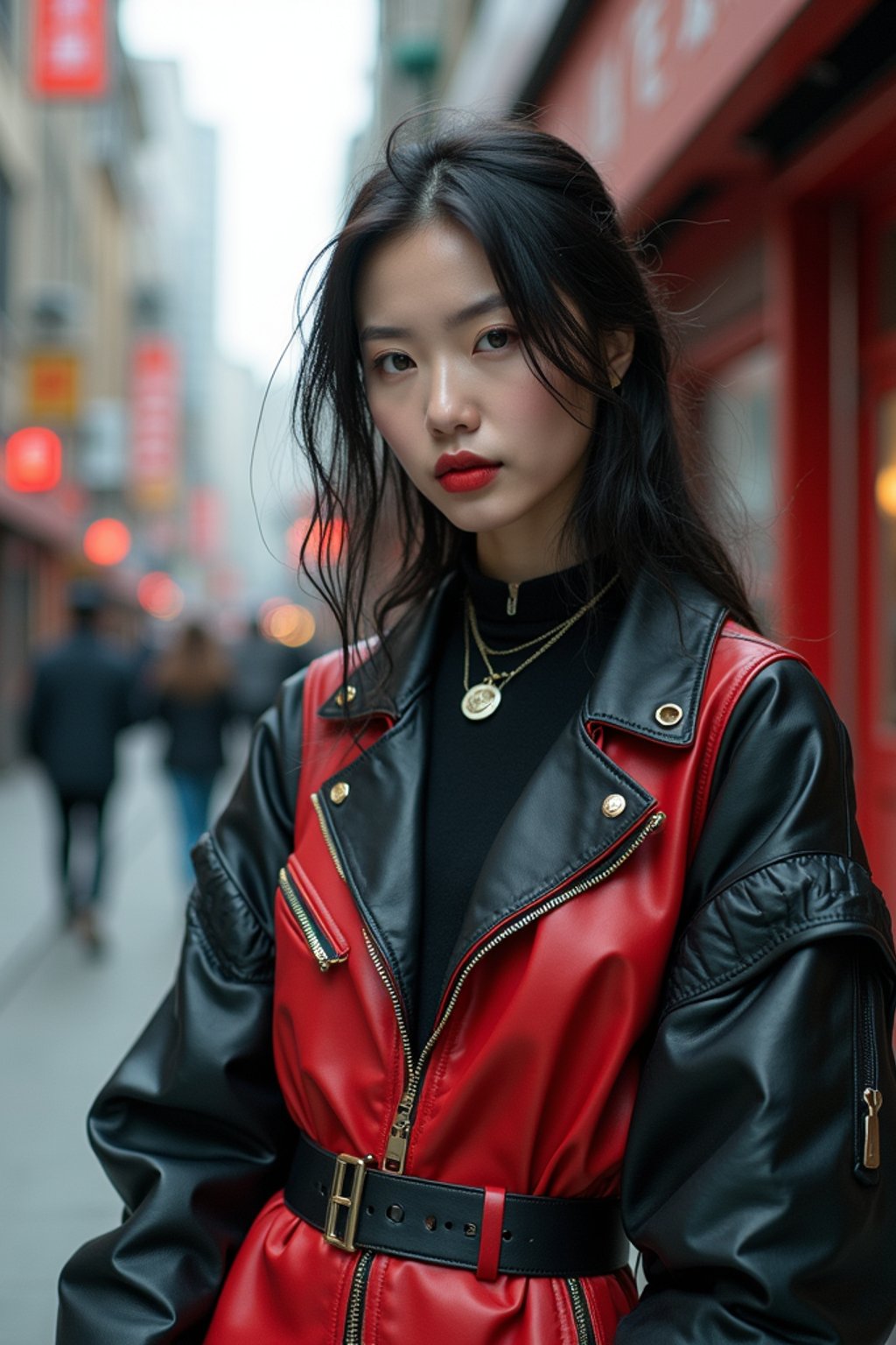 woman in daring, edgy ensemble  against an edgy urban backdrop