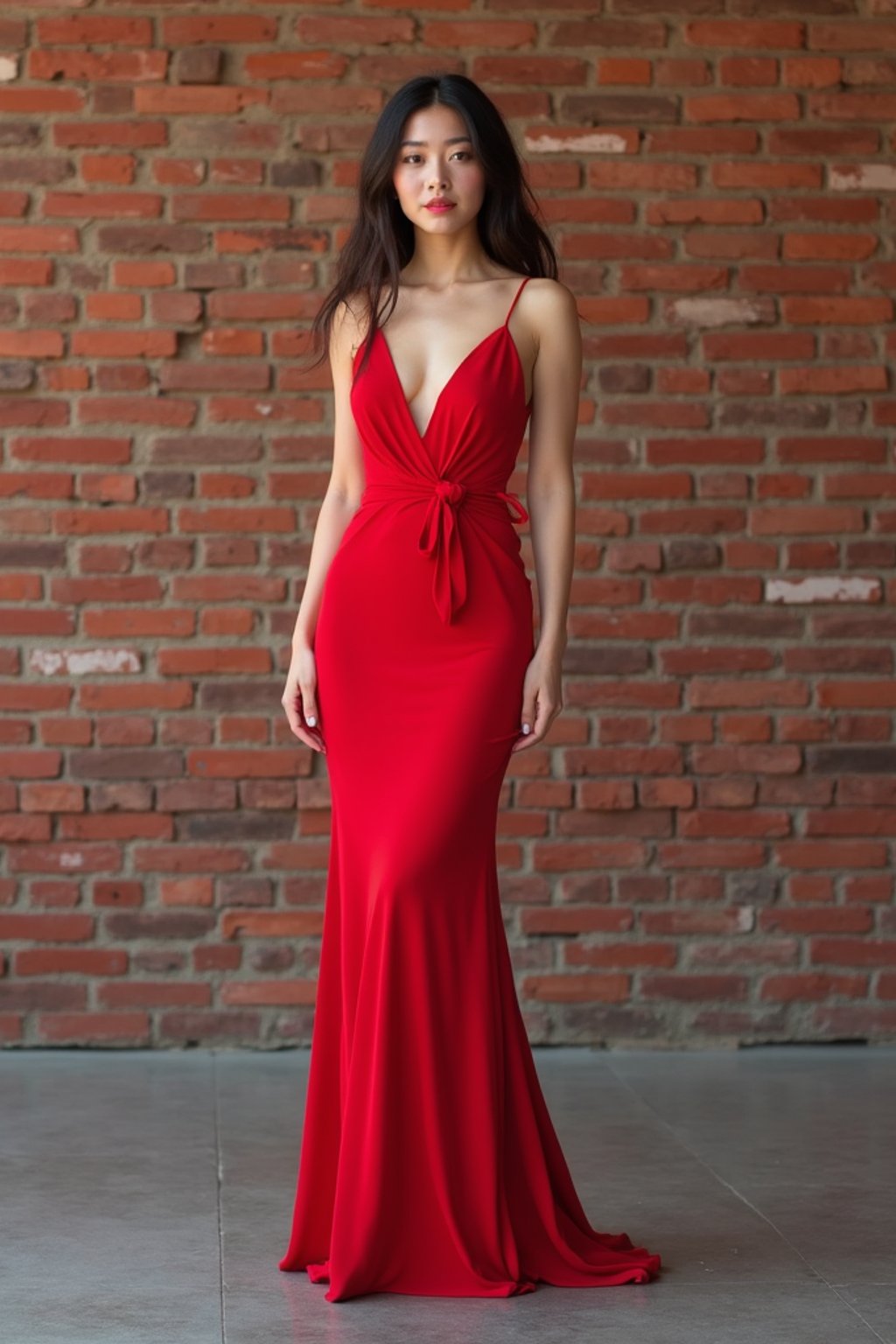 (full-body shot) of woman in bold, fitted dress  against a classic brick wall background