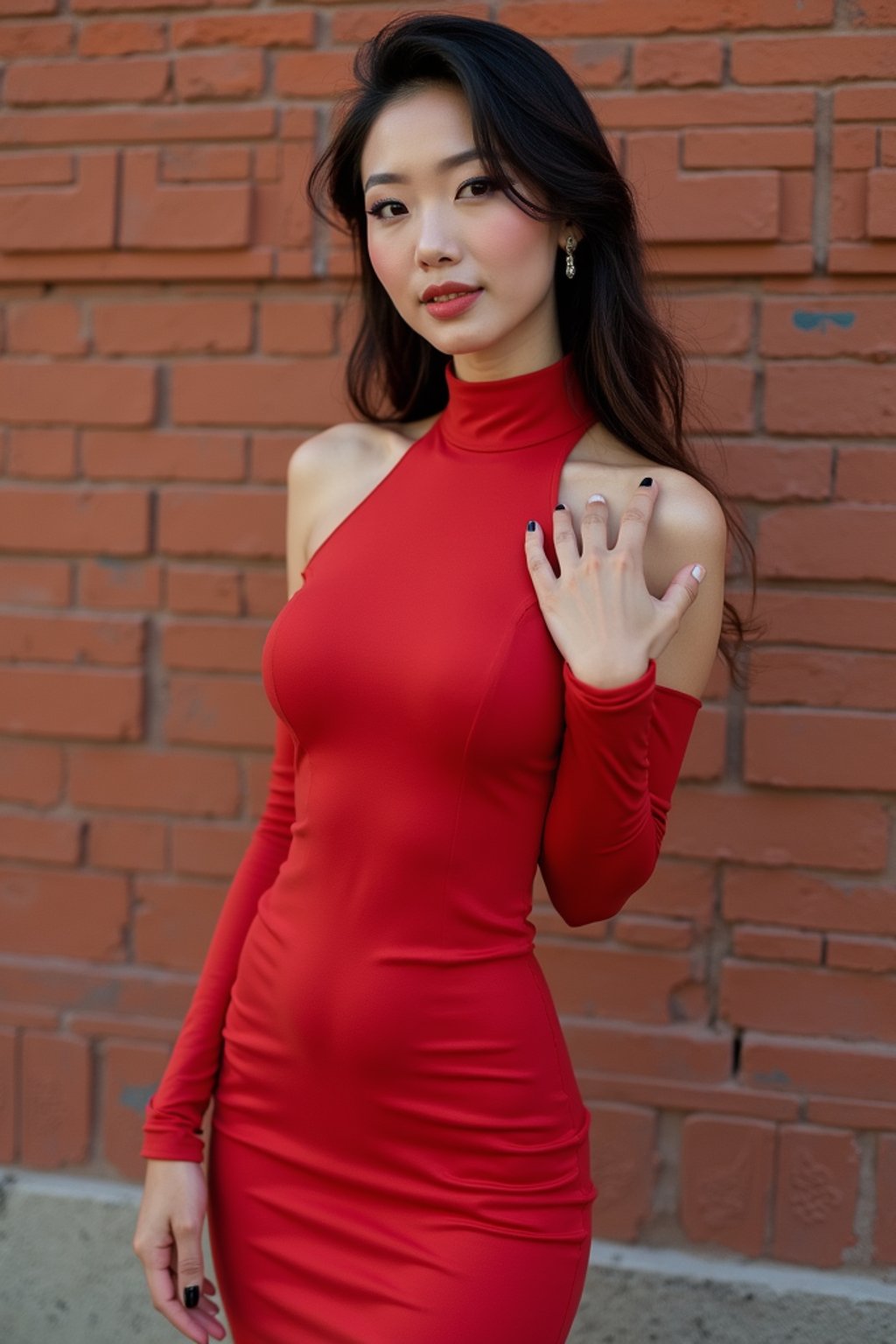 (full-body shot) of woman in bold, fitted dress  against a classic brick wall background