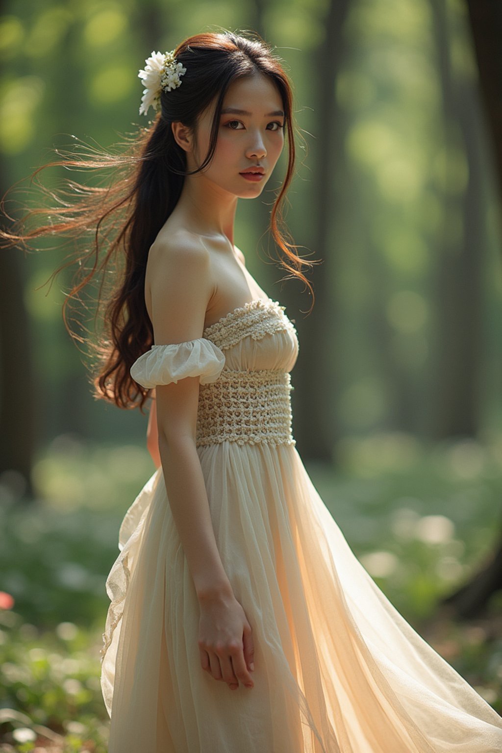 woman with enticing allure in flowy bohemian dress  in a serene forest setting