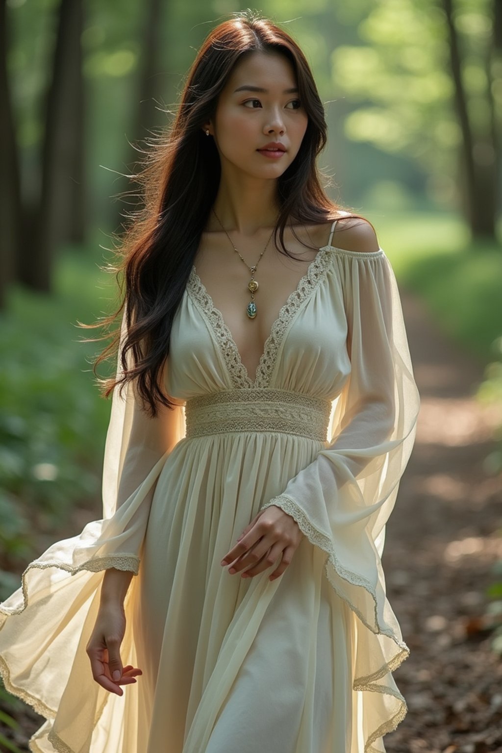 woman with enticing allure in flowy bohemian dress  in a serene forest setting