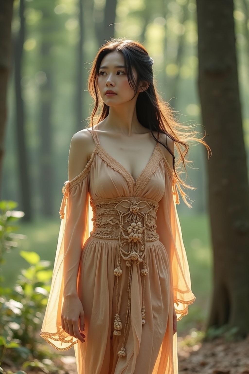 woman with enticing allure in flowy bohemian dress  in a serene forest setting