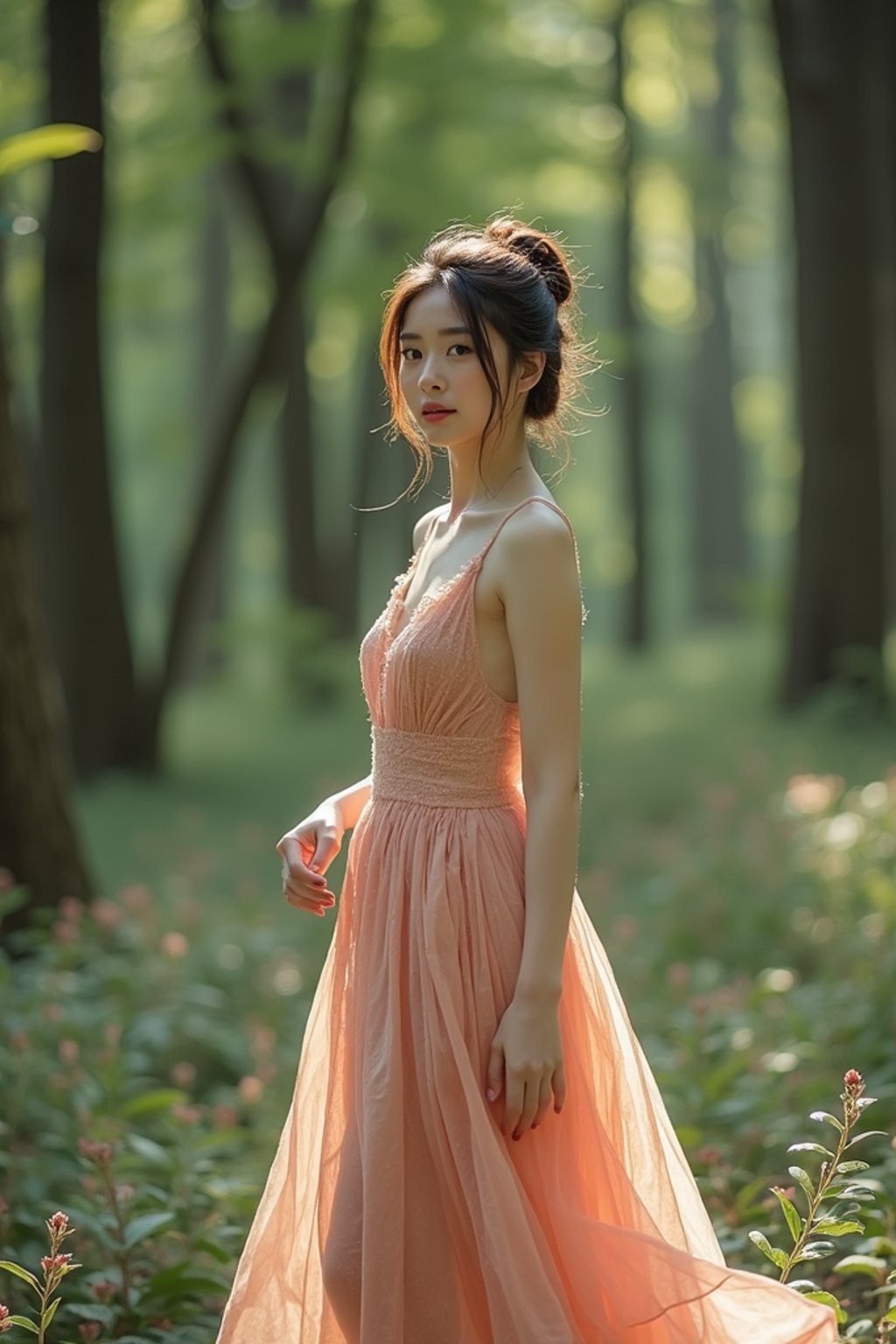 woman with enticing allure in flowy bohemian dress  in a serene forest setting