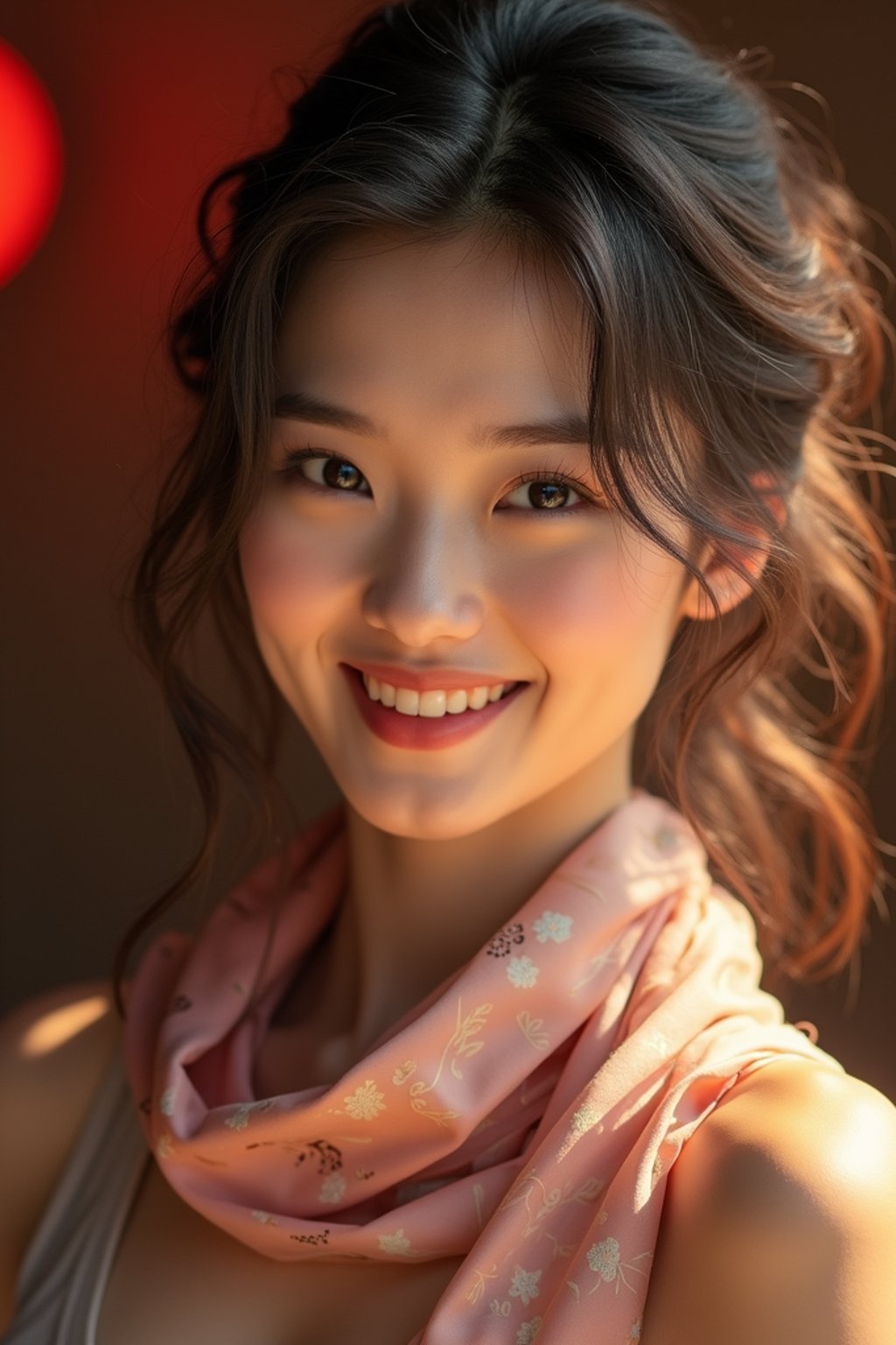 woman with a seductive smile, donned in a soft silk scarf , under warm indoor lighting