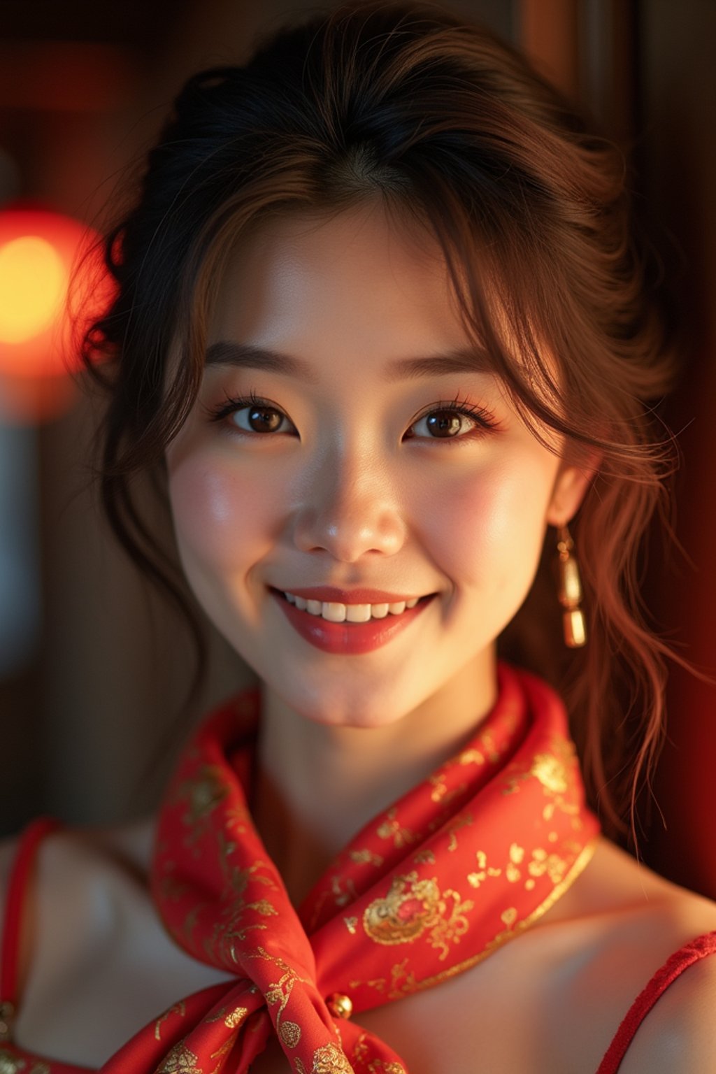 woman with a seductive smile, donned in a soft silk scarf , under warm indoor lighting