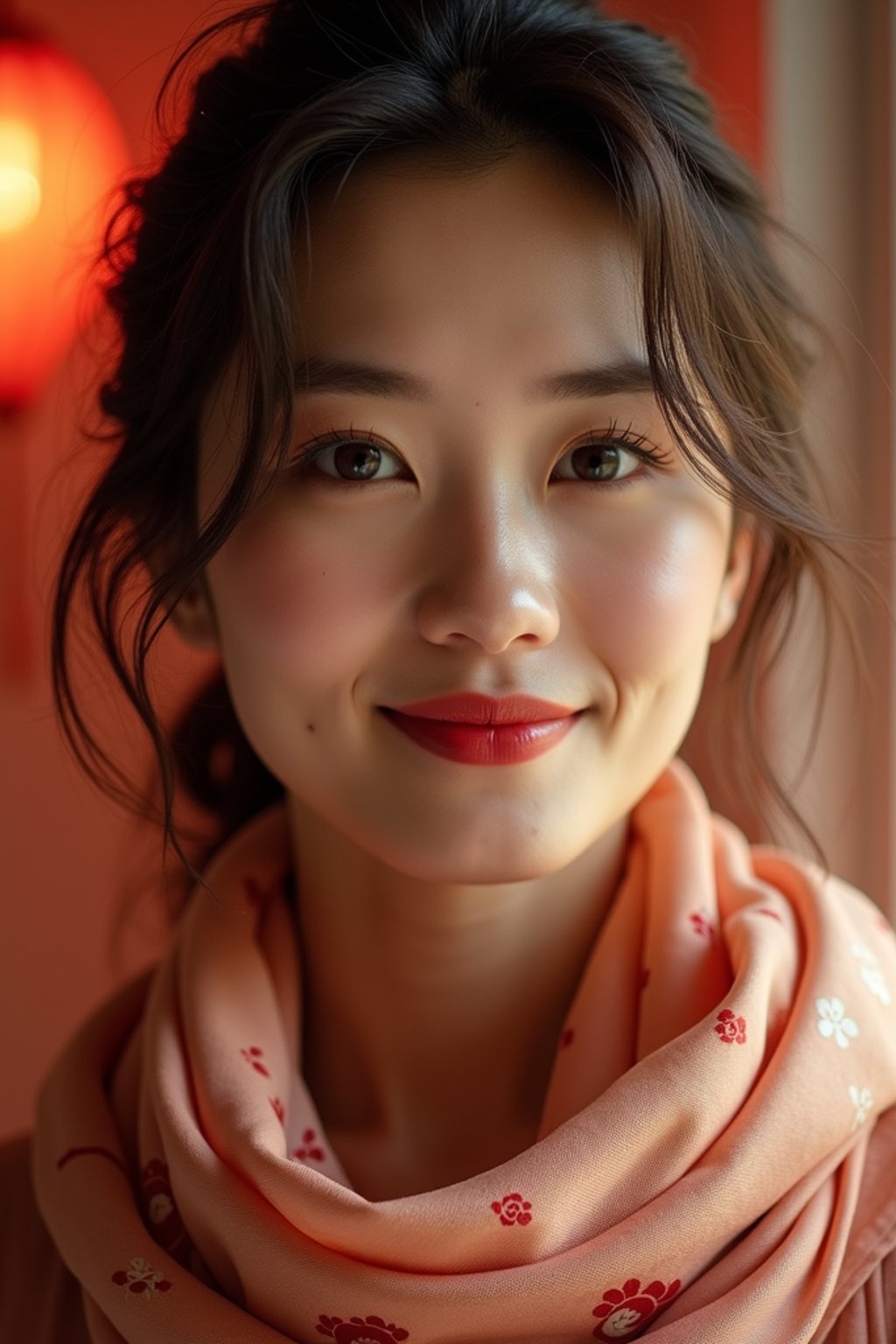 woman with a seductive smile, donned in a soft silk scarf , under warm indoor lighting