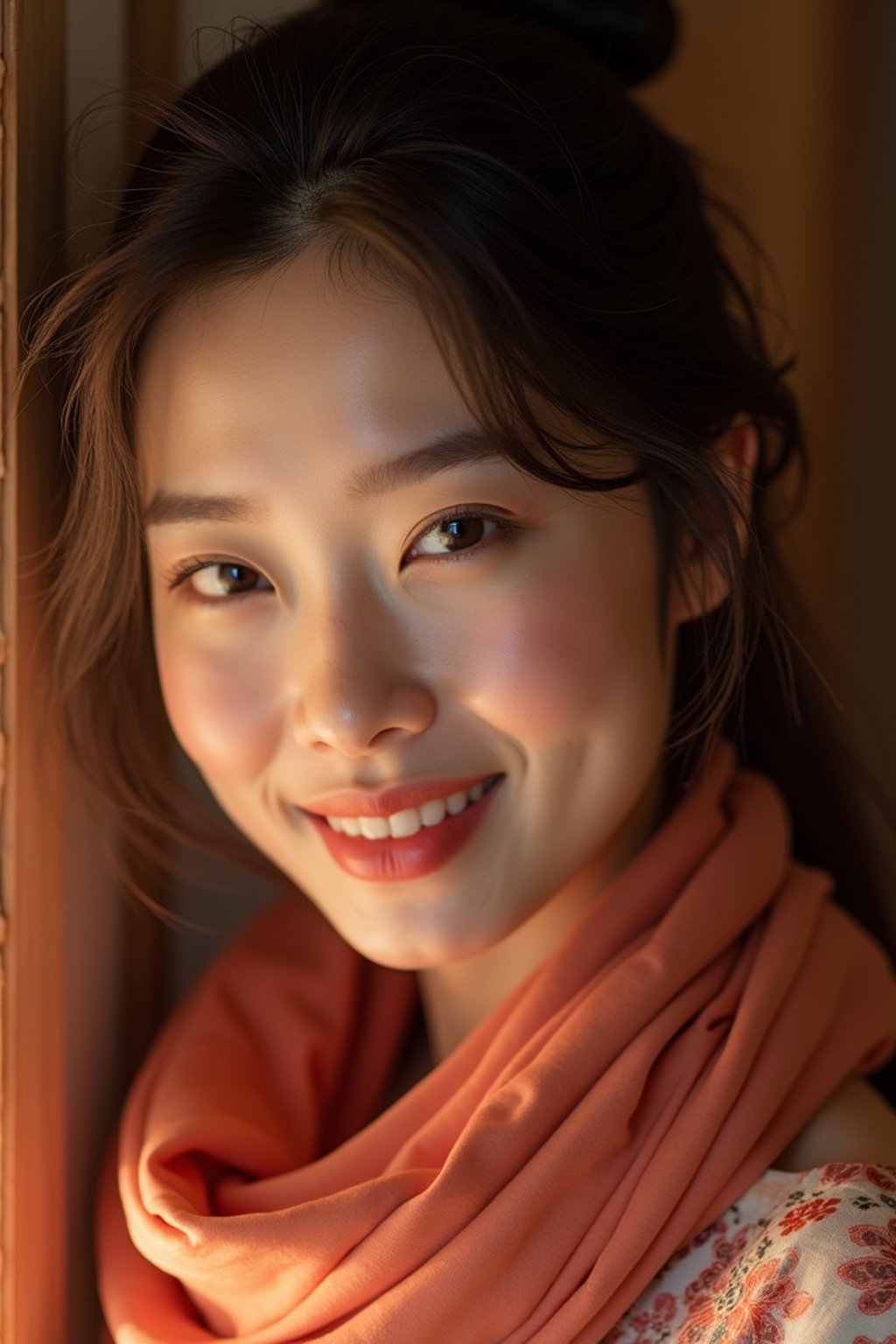 woman with a seductive smile, donned in a soft silk scarf , under warm indoor lighting