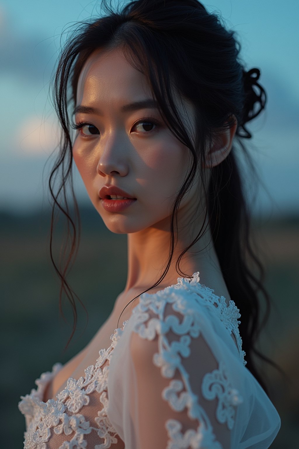 woman with enticing gaze, adorned with a delicate lace outfit  against a twilight backdrop