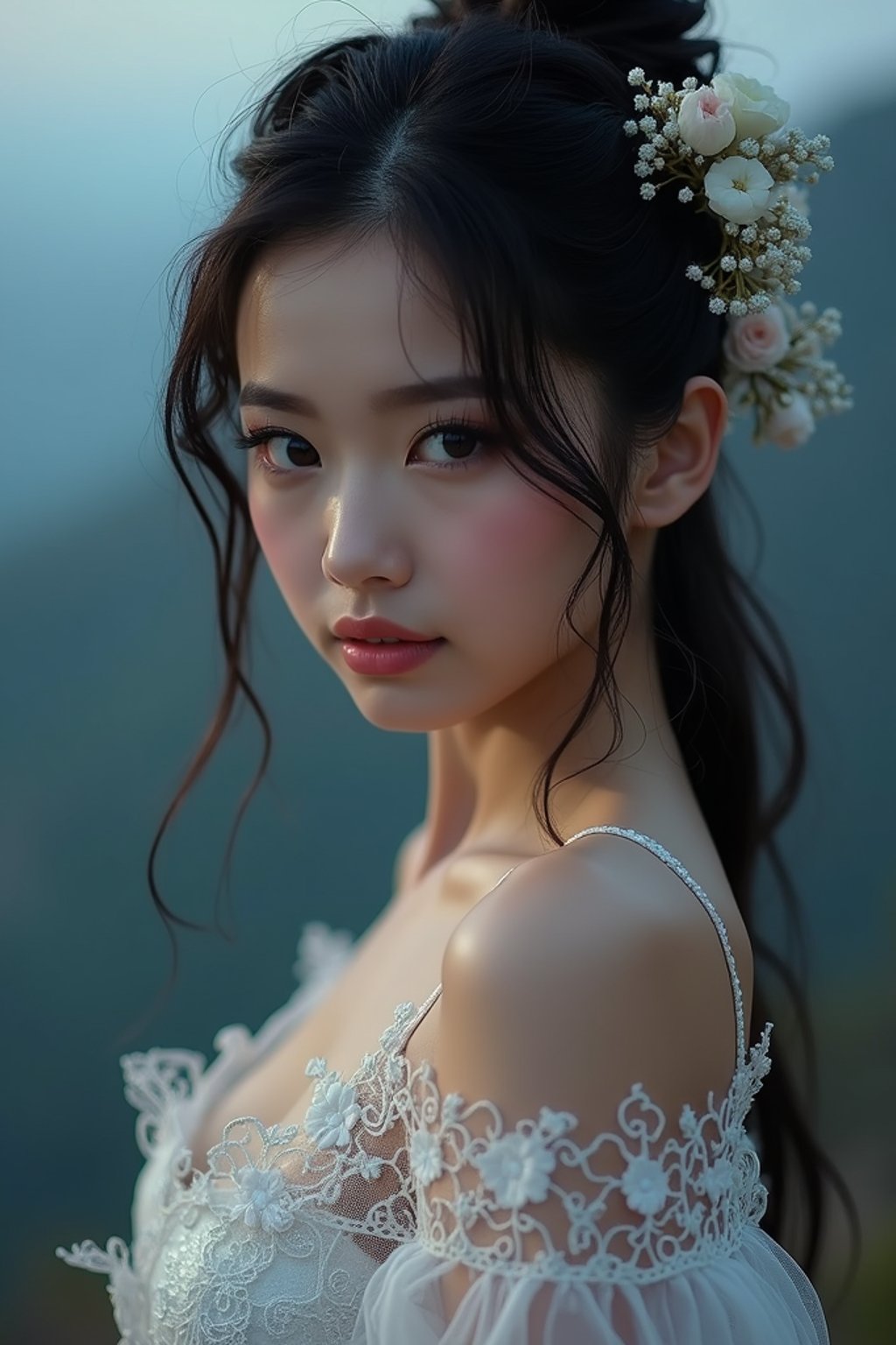 woman with enticing gaze, adorned with a delicate lace outfit  against a twilight backdrop