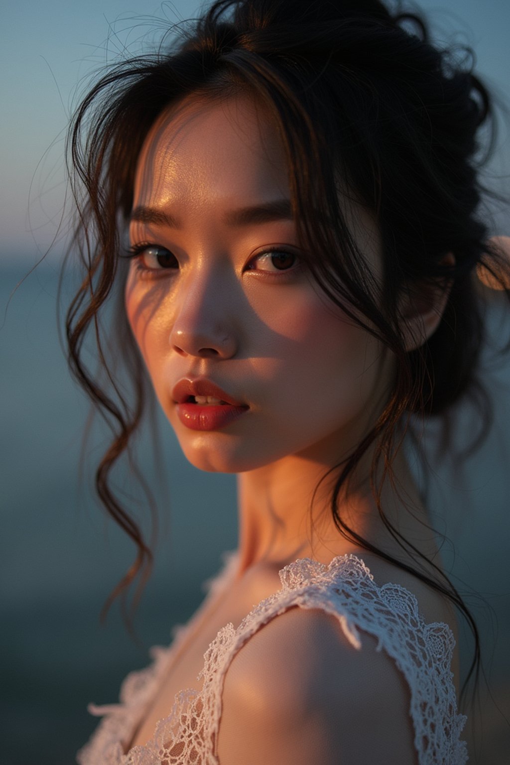 woman with enticing gaze, adorned with a delicate lace outfit  against a twilight backdrop