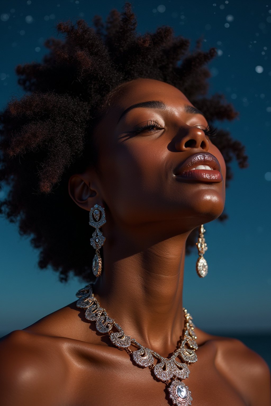 woman with magnetic appeal, adorned in sparkling jewelry , against a starry night backdrop