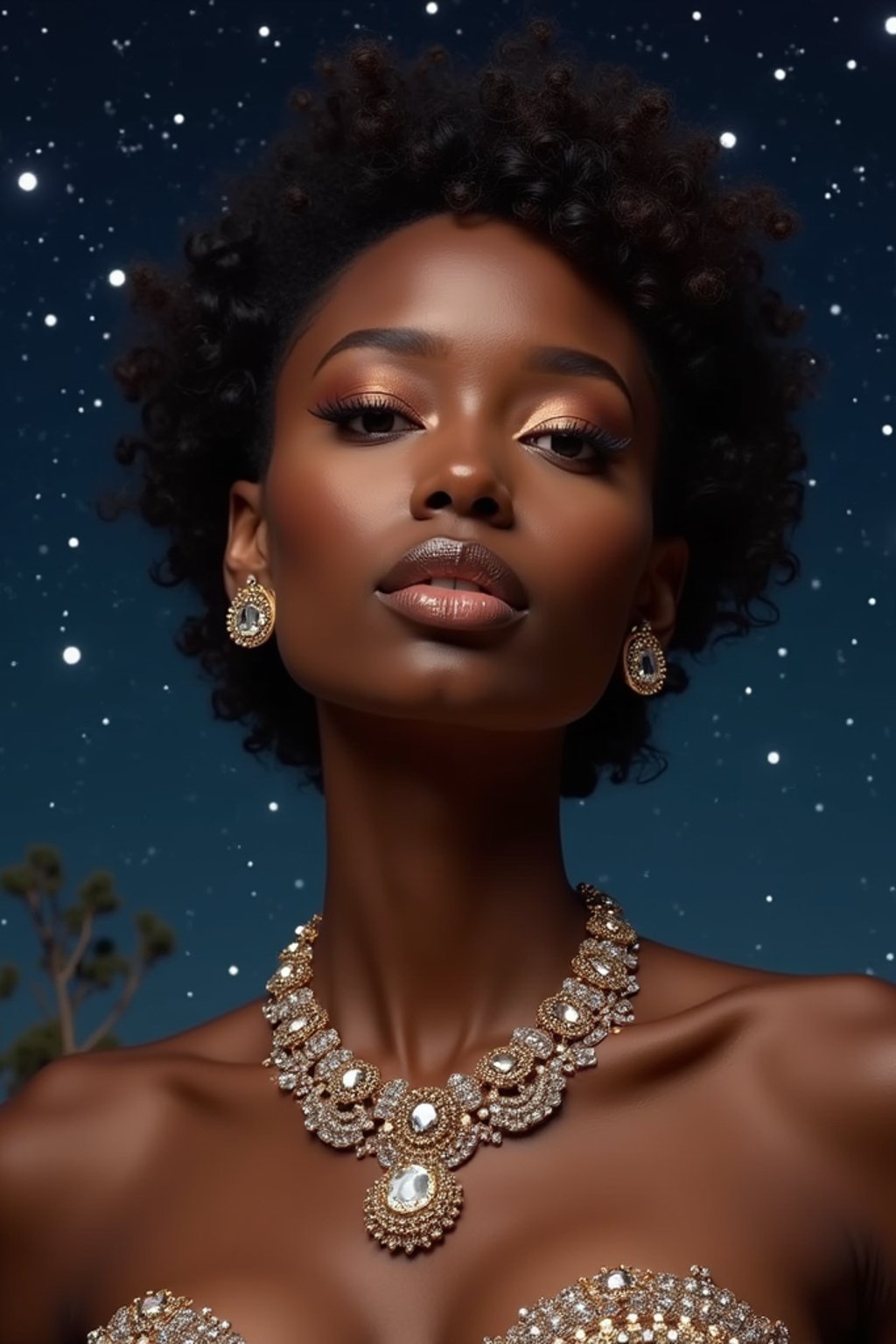 woman with magnetic appeal, adorned in sparkling jewelry , against a starry night backdrop