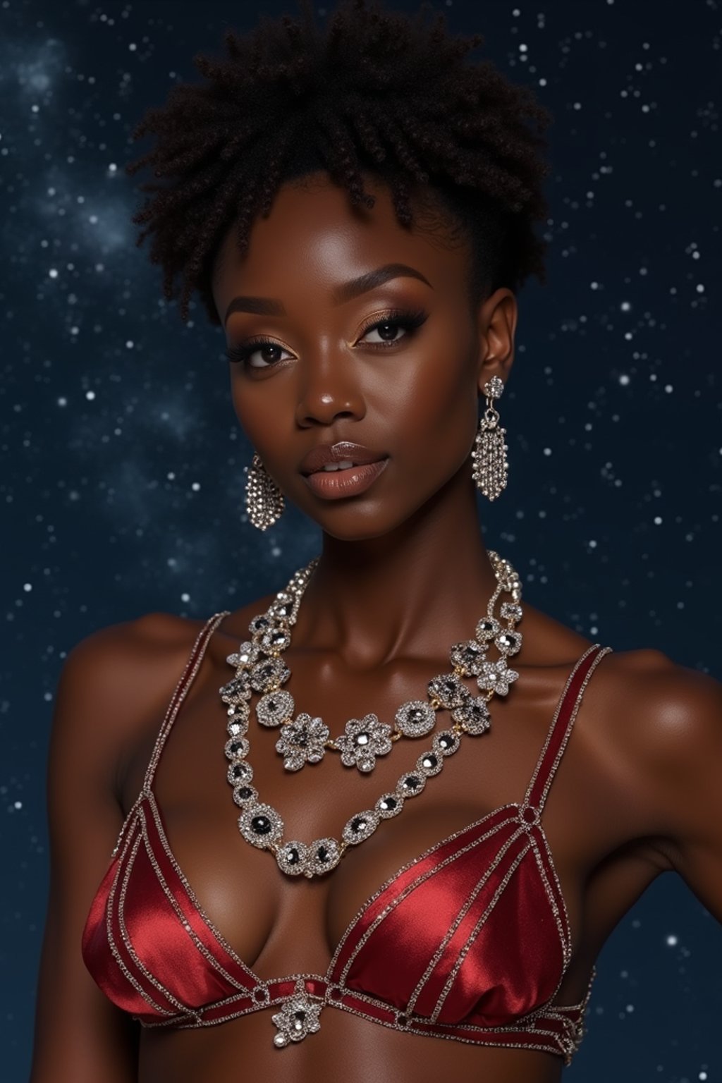 woman with magnetic appeal, adorned in sparkling jewelry , against a starry night backdrop