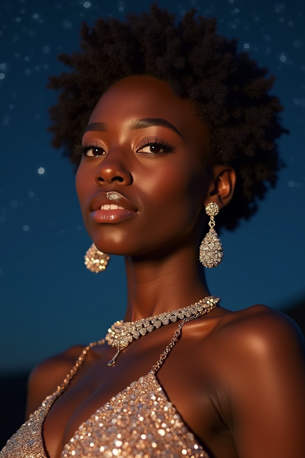 woman with magnetic appeal, adorned in sparkling jewelry , against a starry night backdrop