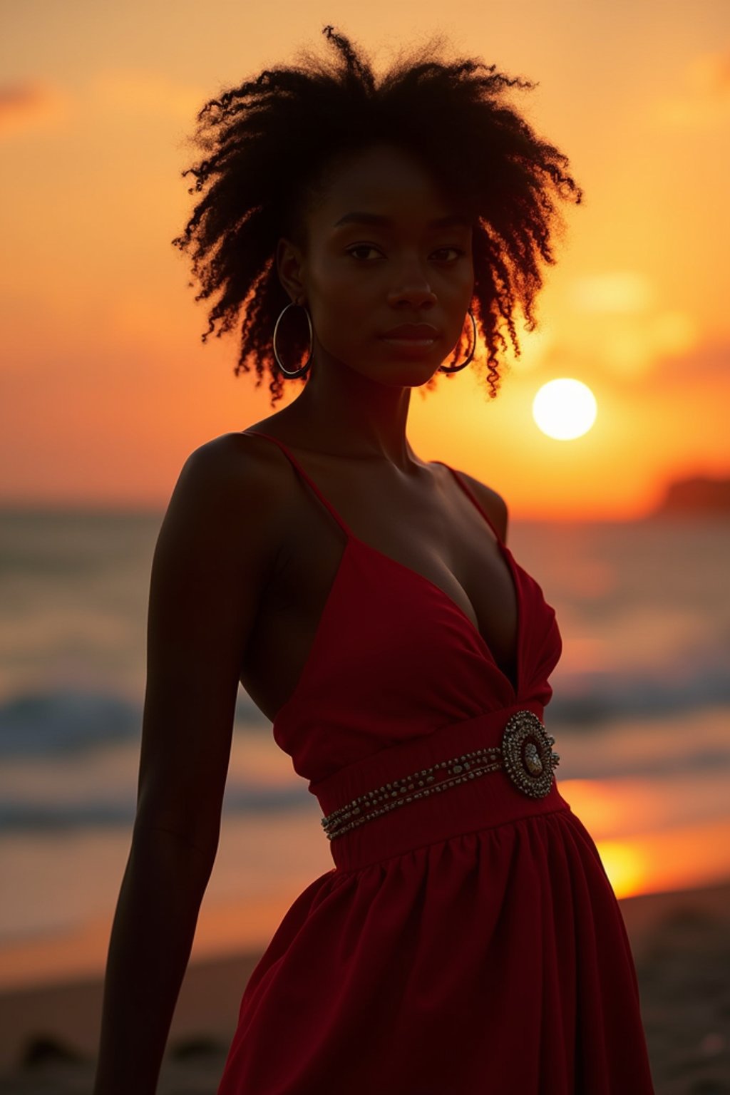 woman in sophisticated evening wear , radiating allure under the soft glow of a sunset