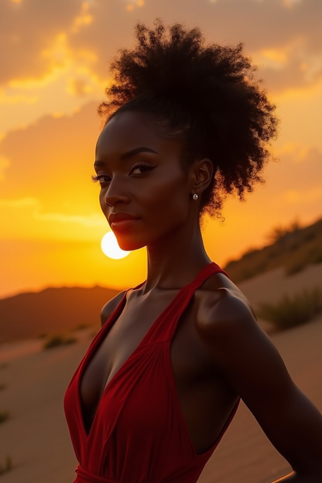 woman in sophisticated evening wear , radiating allure under the soft glow of a sunset