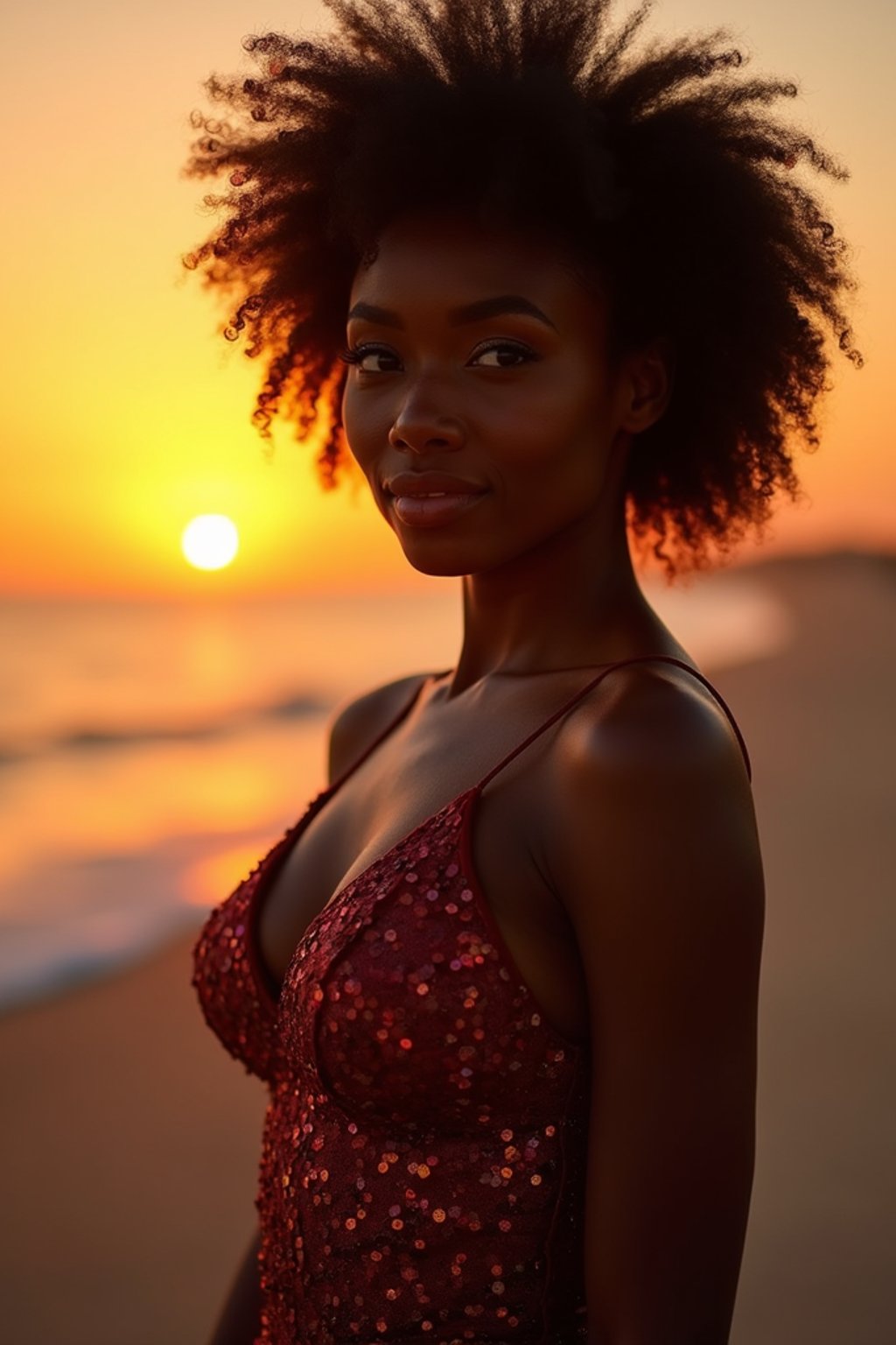 woman in sophisticated evening wear , radiating allure under the soft glow of a sunset