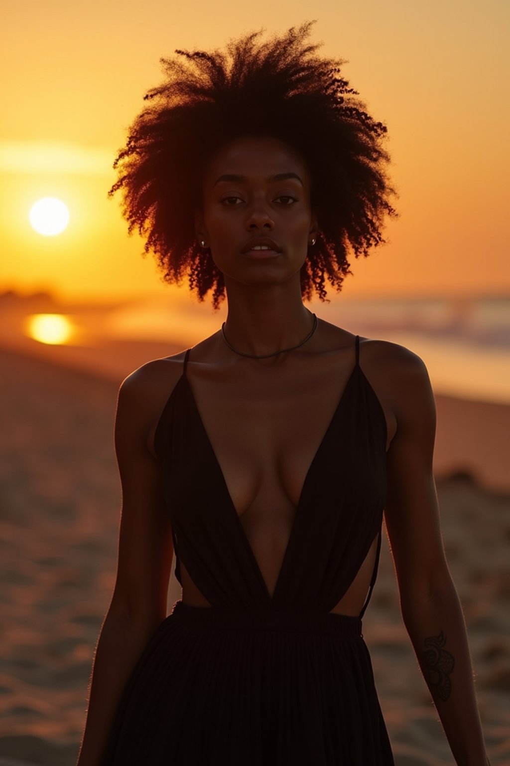 woman in sophisticated evening wear , radiating allure under the soft glow of a sunset