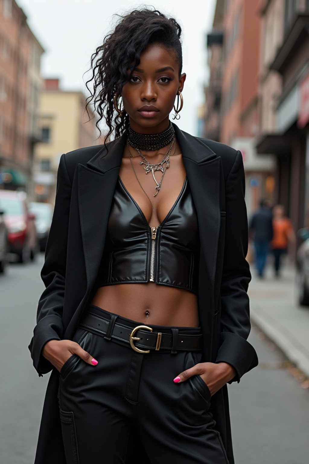 woman in daring, edgy ensemble  against an edgy urban backdrop