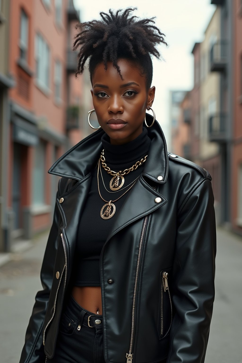 woman in daring, edgy ensemble  against an edgy urban backdrop